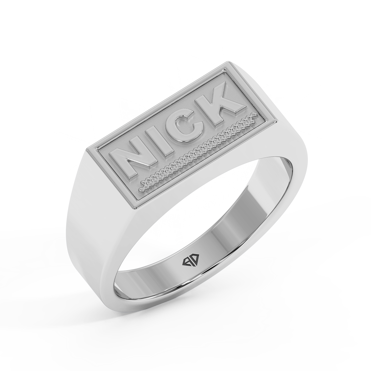 18K White Gold Nick Engraved Signet Ring