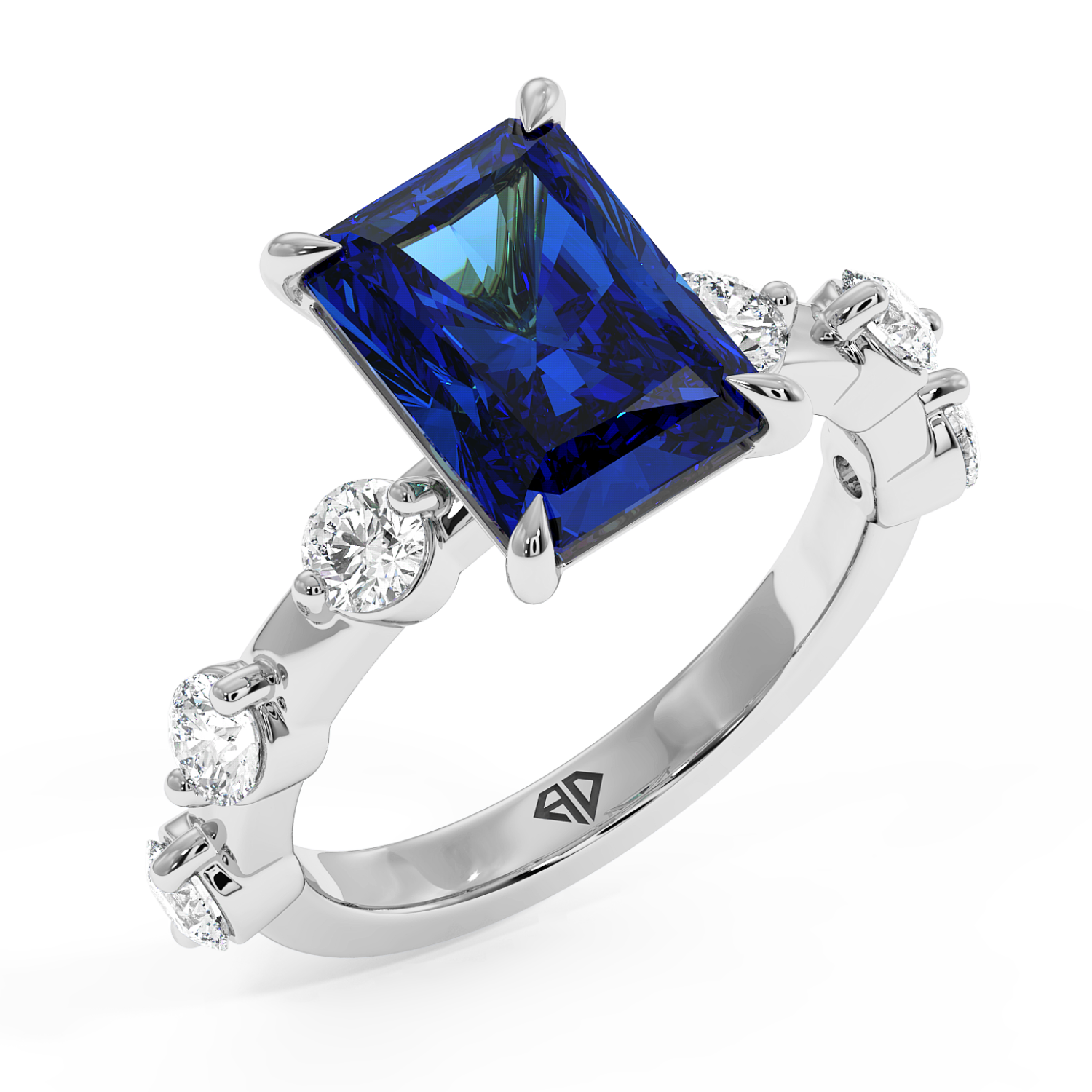 Platinum Emerald Cut Sapphire Gemstone Engagement Ring