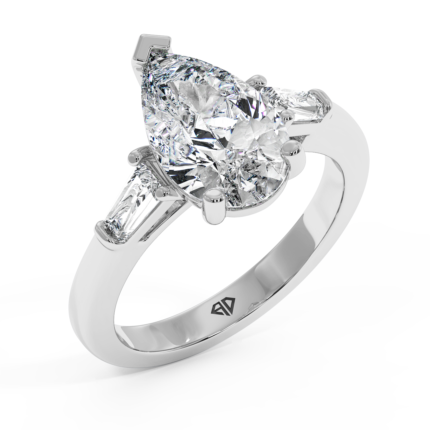 18K White Gold Pear Cut Diamond Trilogy Engagement Ring