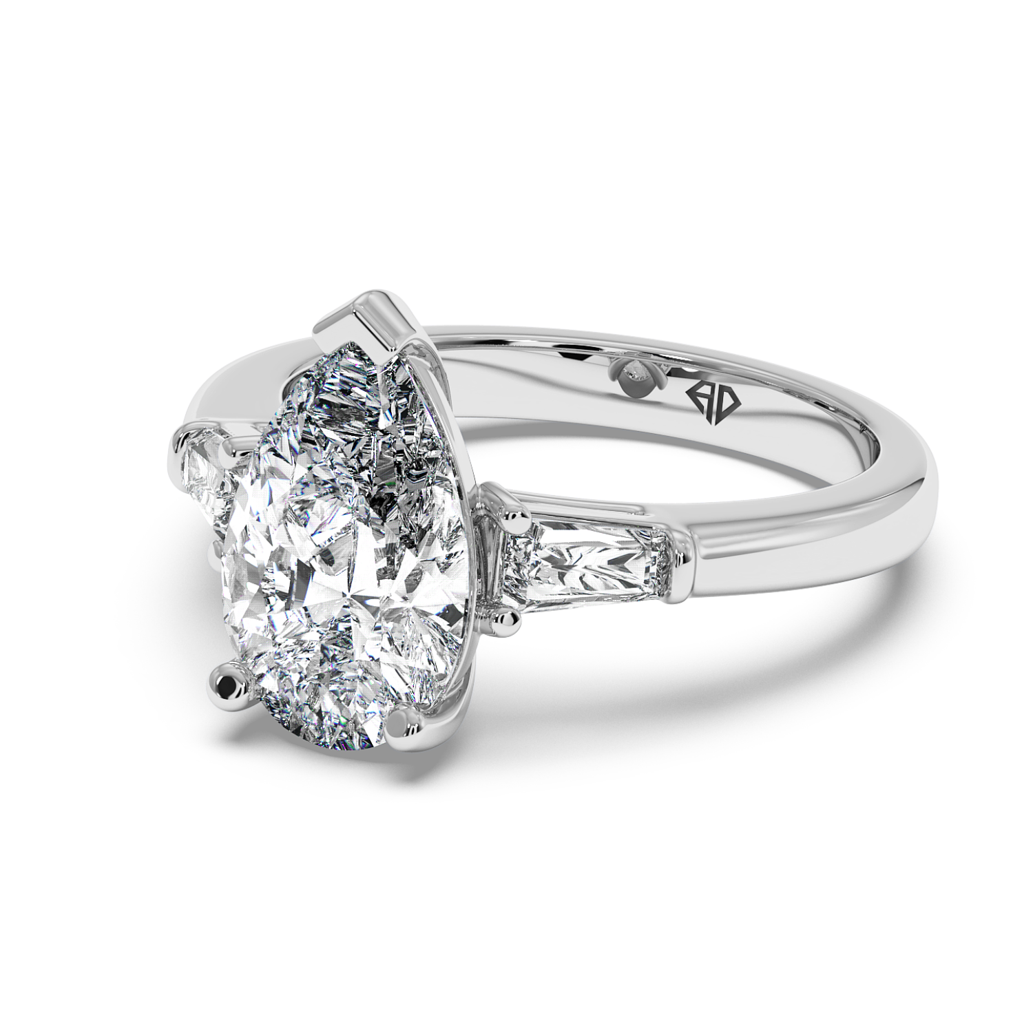 18K White Gold Pear Cut Diamond Trilogy Engagement Ring